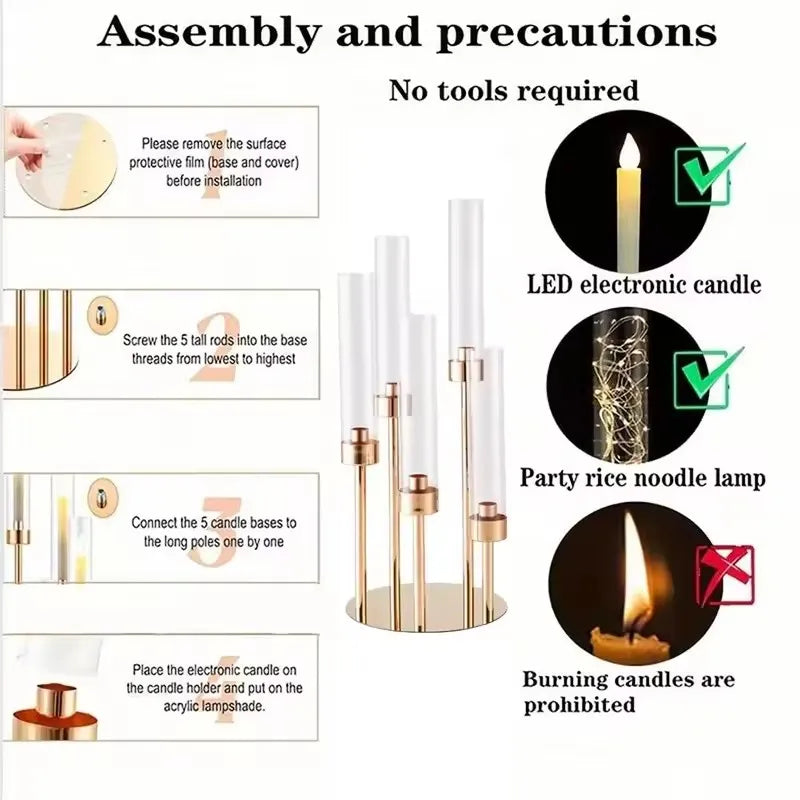 10Pc Gold Small 5 heads Candle Holder Centerpiece, Metal Table Stand with Acrylic Cover, Perfect Weddings and Home Decor