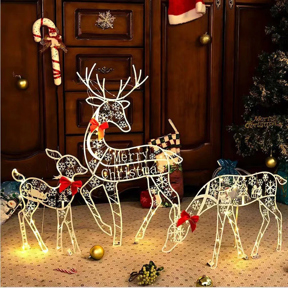 LED Lighted Reindeer Family Set Of 3 Metal Outdoors Indoor Christmas Deer Lawn Yard Porch Decor White Aluminum Alloy Weather