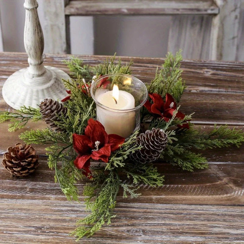 Gorgeous Holiday Candle Holder with Stunning Floral Wreath Perfect for Christmas Decorations and Table Centerpieces