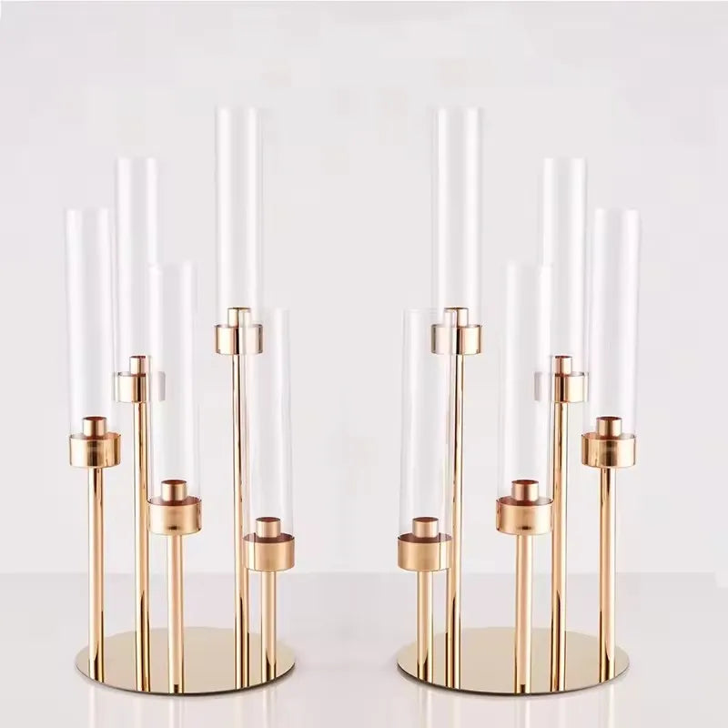 10Pc Gold Small 5 heads Candle Holder Centerpiece, Metal Table Stand with Acrylic Cover, Perfect Weddings and Home Decor